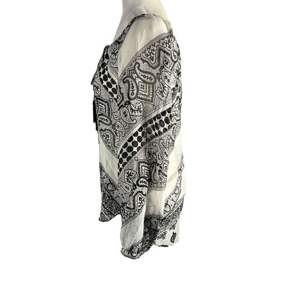 Hale Bob Sz Small Paisley Black & White Print Tassel Tie Front Chiffon Blouse Ov - Picture 4 of 12
